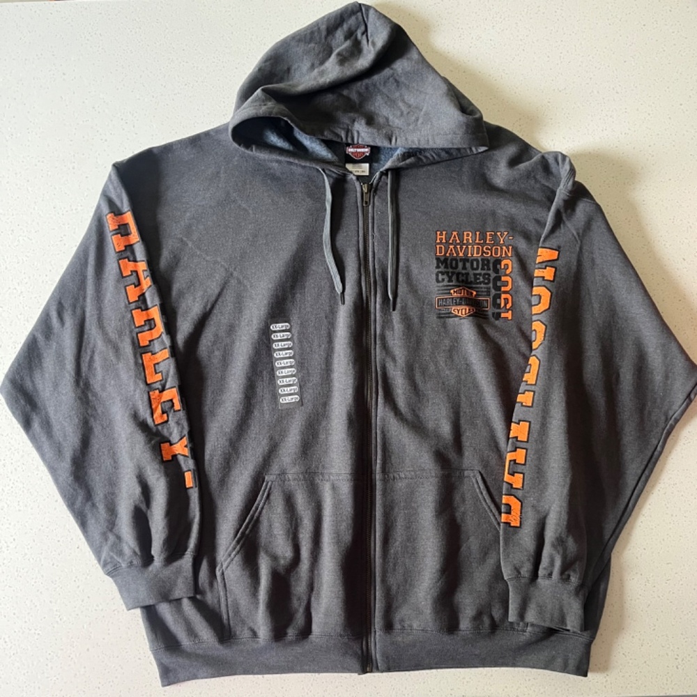 Harley Davidson Full Zip Dark Grey Orange Hoodie Jacket Logo Back Motorcycle - Picture 2 of 8